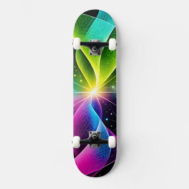 Glowing Neon Rainbow Abstract Energy Wave Skateboard (Front)