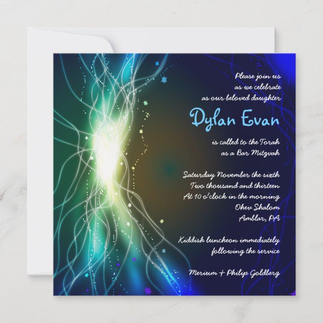 GLOWING NEON STARS Bar Bat Mitzvah Invitation (Front)