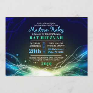 GLOWING NEON Stars Bar Mitzvah Invitation blue