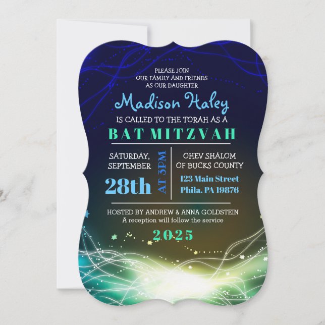 Glowing Neon Stars Bar Mitzvah Invitation blue (Front)