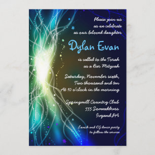Glowing Neon Stars Bar Mitzvah Invitation blue