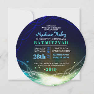 Glowing Neon Stars Bar Mitzvah Invitation blue