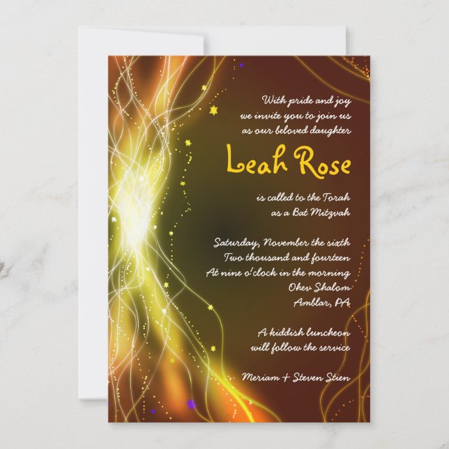 GLOWING NEON STARS Bat Mitzvah Invitation GOLD (Front)
