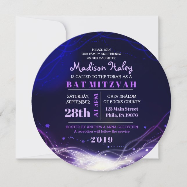 Glowing Neon Stars Bat Mitzvah Invitation Purple (Front)