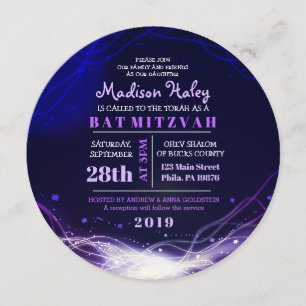 Glowing Neon Stars Bat Mitzvah Invitation Purple
