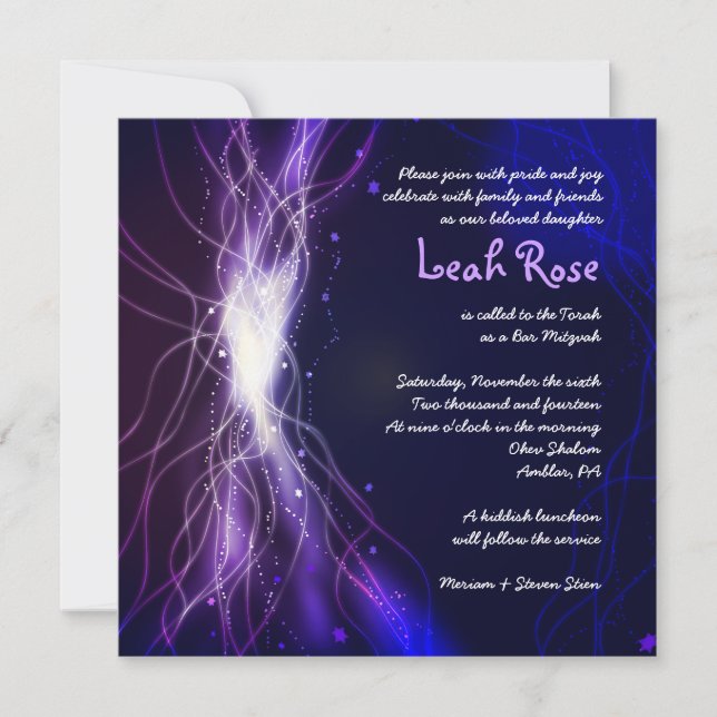 Glowing Neon Stars Bat Mitzvah Invitation purple (Front)