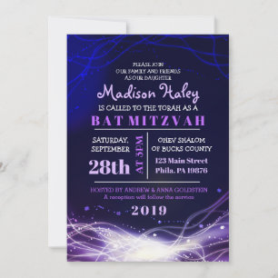 Glowing Neon Stars Bat Mitzvah Invitation Purple