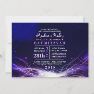 GLOWING NEON STARS Bat Mitzvah Invitation Purple