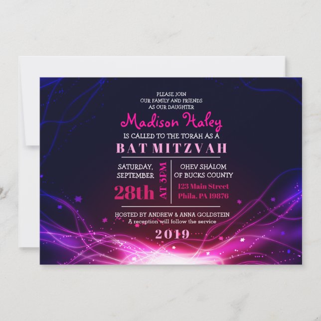 GLOWING NEON STARS FUSCHIA Bat Mitzvah Invitation (Front)