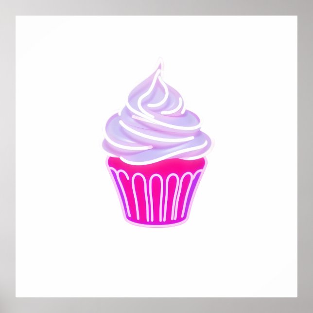Glowing Neon Style Cupcake Illustration Poster (Front)