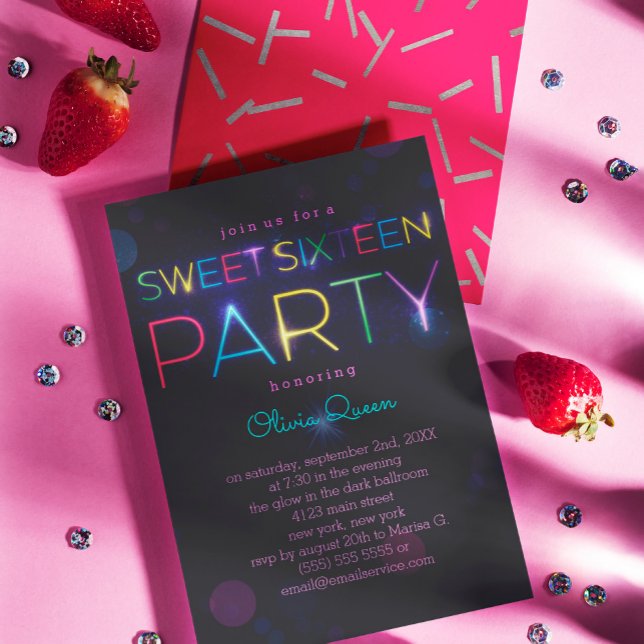 Glowing Neon Sweet Sixteen Party Invitation (Creator Uploaded)