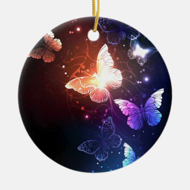Glowing Night Butterflies Ceramic Tree Decoration (Front)