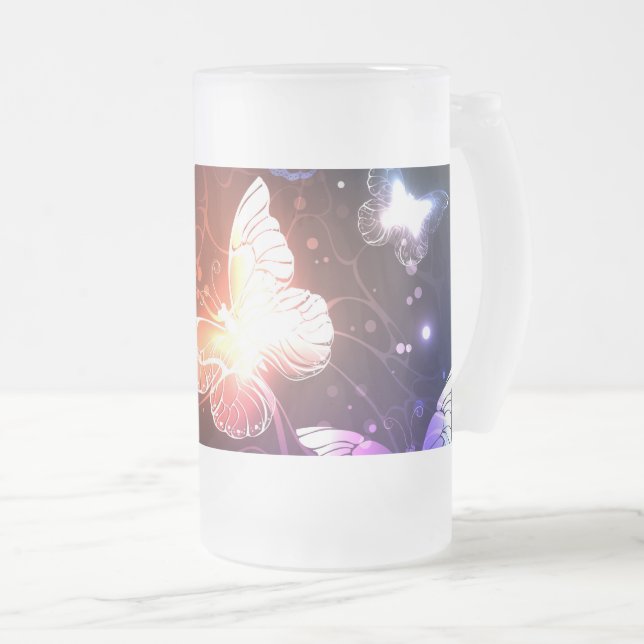 Glowing Night Butterflies Frosted Glass Beer Mug (Front Right)