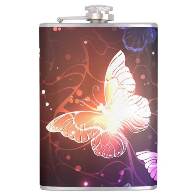 Glowing Night Butterflies Hip Flask (Front)