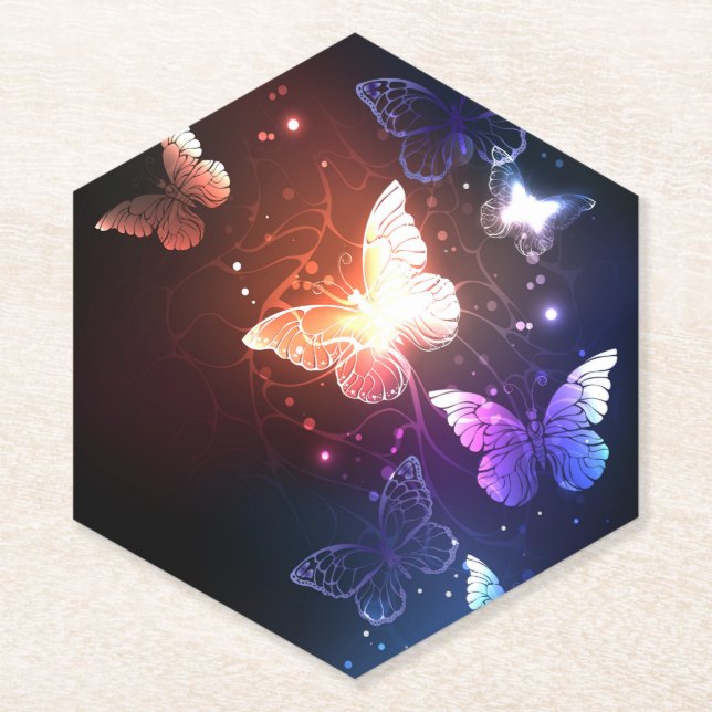 Glowing Night Butterflies Paper Coaster (Front)