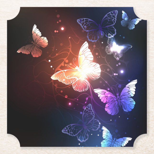 Glowing Night Butterflies Paper Coaster (Front)