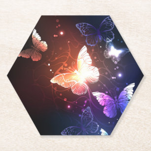 Glowing Night Butterflies Paper Coaster