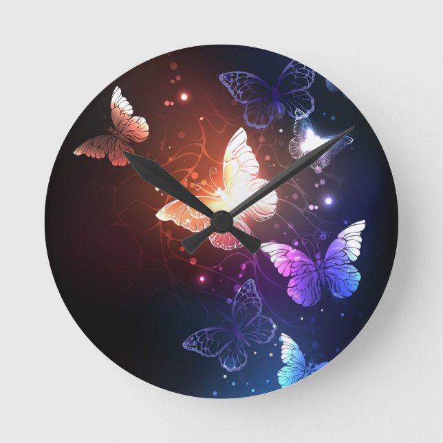 Glowing Night Butterflies Round Clock (Front)