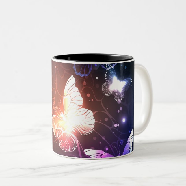 Glowing Night Butterflies Two-Tone Coffee Mug (Front Right)