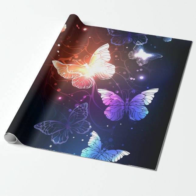 Glowing Night Butterflies Wrapping Paper (Unrolled)