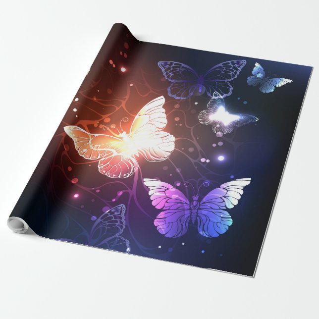 Glowing Night Butterflies Wrapping Paper (Unrolled)