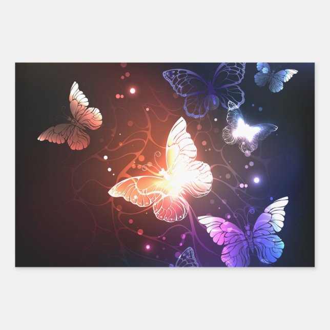 Glowing Night Butterflies Wrapping Paper Sheet (Front)
