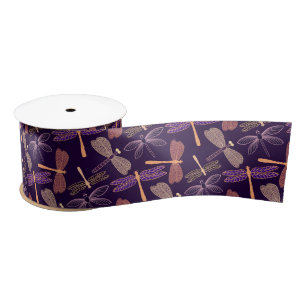 Glowing night dragonflies on dark plum background satin ribbon
