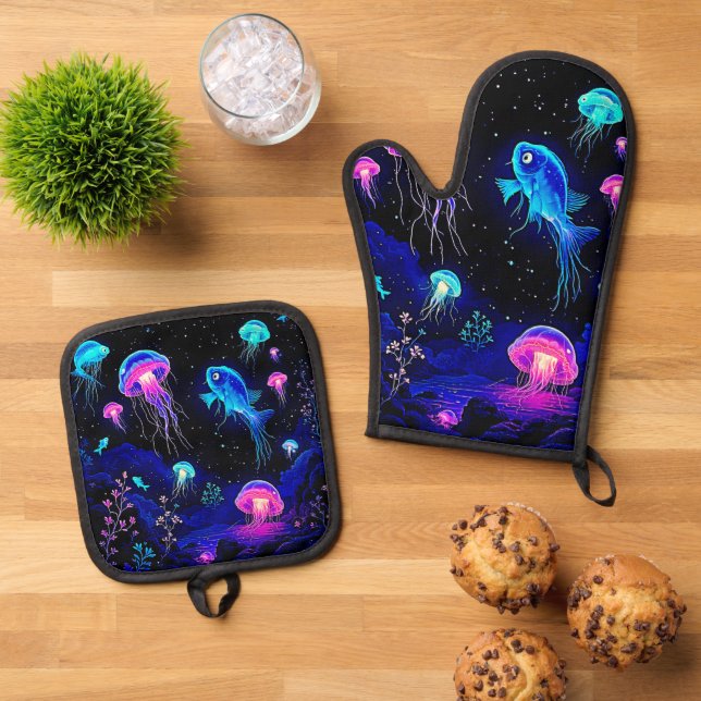 Glowing Ocean Depths Art Oven Mitt & Pot Holder Set (Top Down)