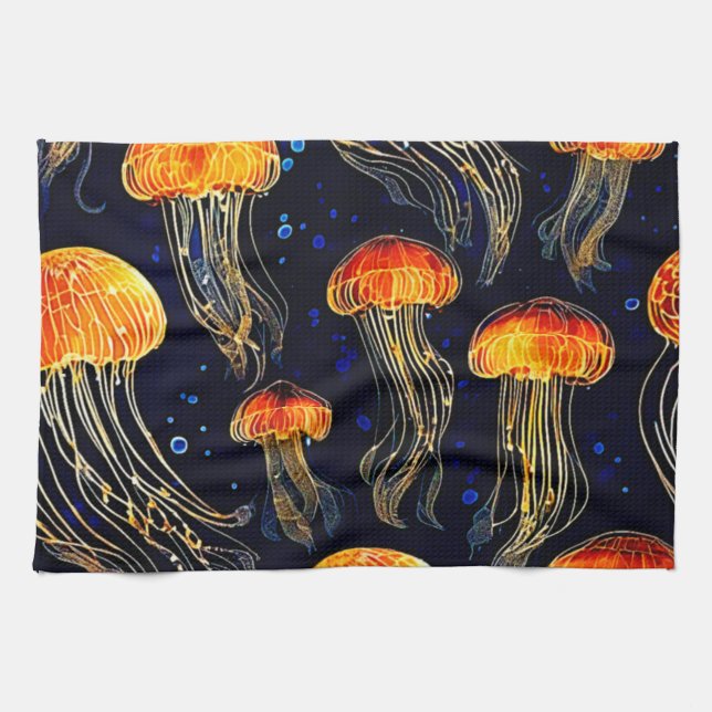 Glowing Ocean Jellyfish Art Tea Towel (Horizontal)