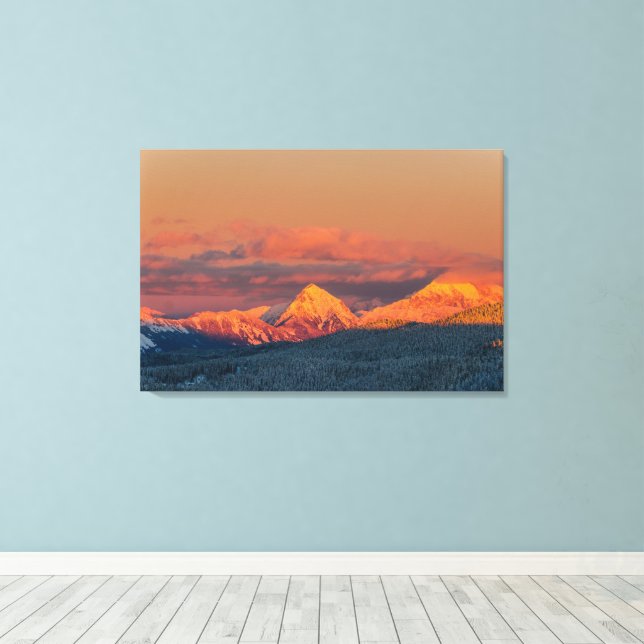 Glowing orange winter mountain range canvas print (Insitu(Wood Floor))
