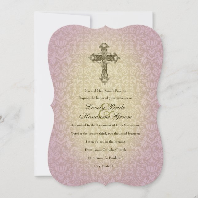 Glowing Orchid Catholic Cross Wedding Invitation (Front)