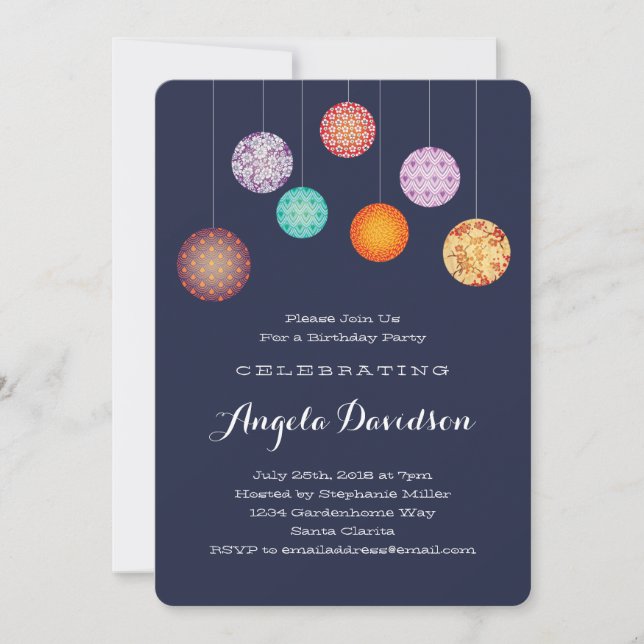 Glowing Paper Lanterns Birthday Midnight Blue Invitation (Front)