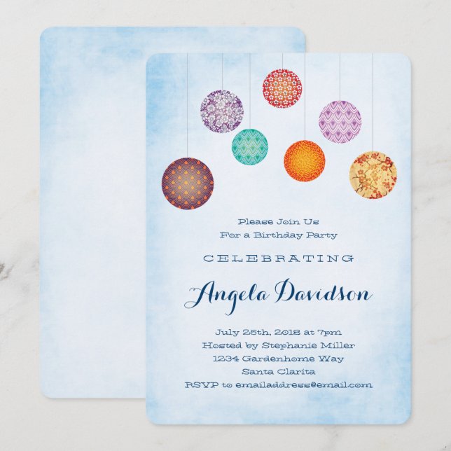 Glowing Paper Lanterns Blue Birthday Invitation (Front/Back)