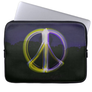Glowing Peace Sign in Night Sky Mountains Laptop Sleeve