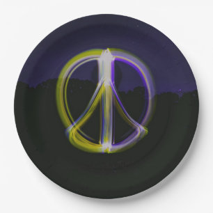 Glowing Peace Sign in Night Sky Mountains Paper Plate