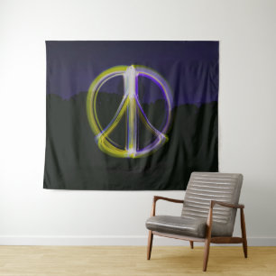 Glowing Peace Sign in Night Sky Mountains Tapestry