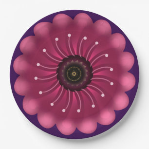 Glowing Pink Fantasy Flower Abstract Neon Floral Paper Plate