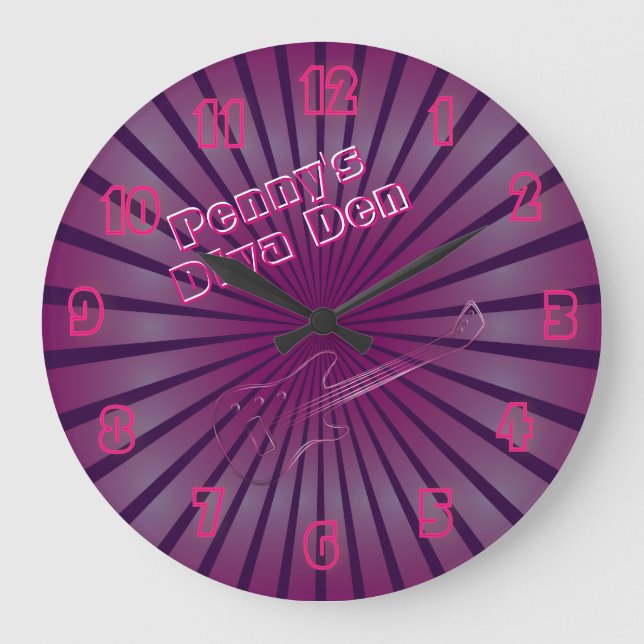 Glowing Pink Guitar Diva Den Neon Personalised Large Clock (Front)