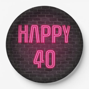 Glowing Pink Neon Sigh for 40th Birthday Paper Plate