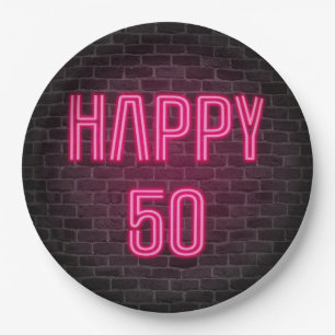 Glowing Pink Neon Sigh for 50th Birthday Paper Plate