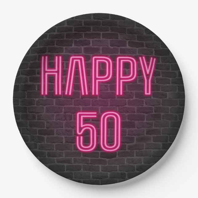 Glowing Pink Neon Sigh for 50th Birthday Paper Plate (Front)