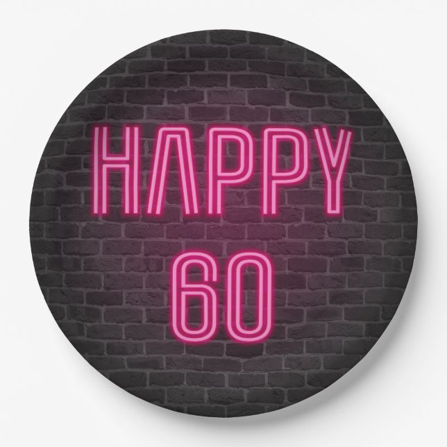 Glowing Pink Neon Sigh for 60th Birthday Paper Plate (Front)