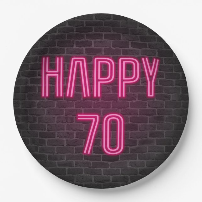 Glowing Pink Neon Sigh for 70th Birthday Paper Plate (Front)