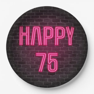 Glowing Pink Neon Sigh for 75th Birthday Paper Plate