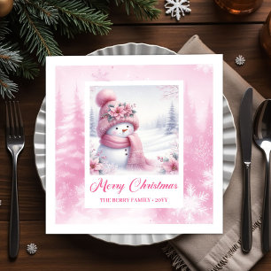 Glowing Pink Snowman Winter Forest Christmas  Napkin