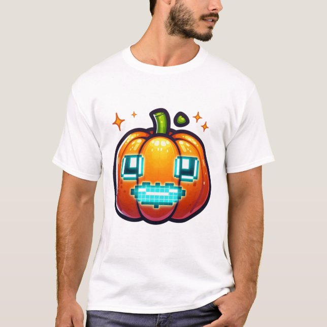 Glowing Pixel Pumpkin Halloween Retro Gamer  T-Shirt (Front)