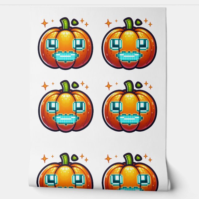 Glowing Pixel Pumpkin Retro Halloween Gamer Decor Wallpaper (Unrolling)