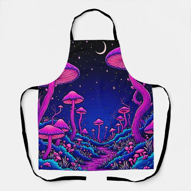 Glowing Psychedelic Mushroom Forest Night Apron (Front)