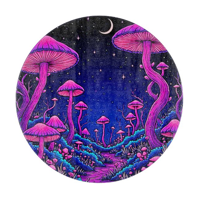 Glowing Psychedelic Mushroom Forest Night Cutting Board (Front)
