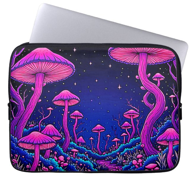 Glowing Psychedelic Mushroom Forest Night Laptop Sleeve (Front)